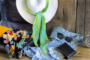 Holiday suitcase and summer accessories. Travel concept 