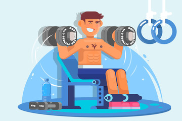 Weightlifter training with dumbbell. Flat style vector illustration