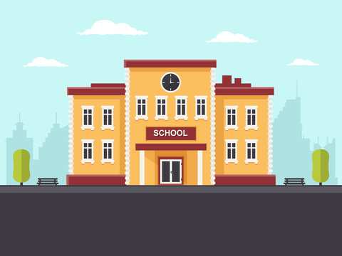 School Building in a City. Flat Design Style.
