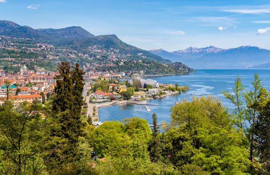 Landscape of Lake Maggiore by Botanical Gardens of Villa Taranto, with Intra Verbania view under.
