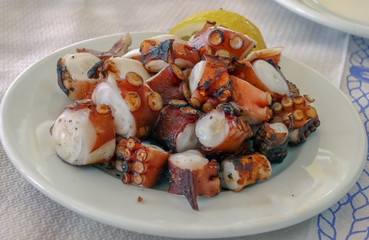 Grilled octopus in pieces on the white plate. Greek taverna