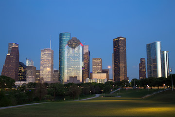 Fototapeta na wymiar Houston Downtown Skyline Illuminated at Blue Hour