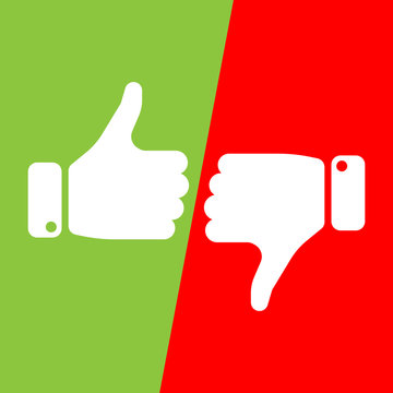 Vote Thumbs Up Icon In Red And Green Fields. Make A Choice, Yes Or No, Love It Or Hate It, Like Or Dislike Win Or Loss. Vector Illustration.