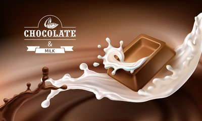 Vector 3D realistic illustration, splashes of melted chocolate and milk with falling pieces of chocolate bars. Milk chocolate packaging design, template, advertising poster