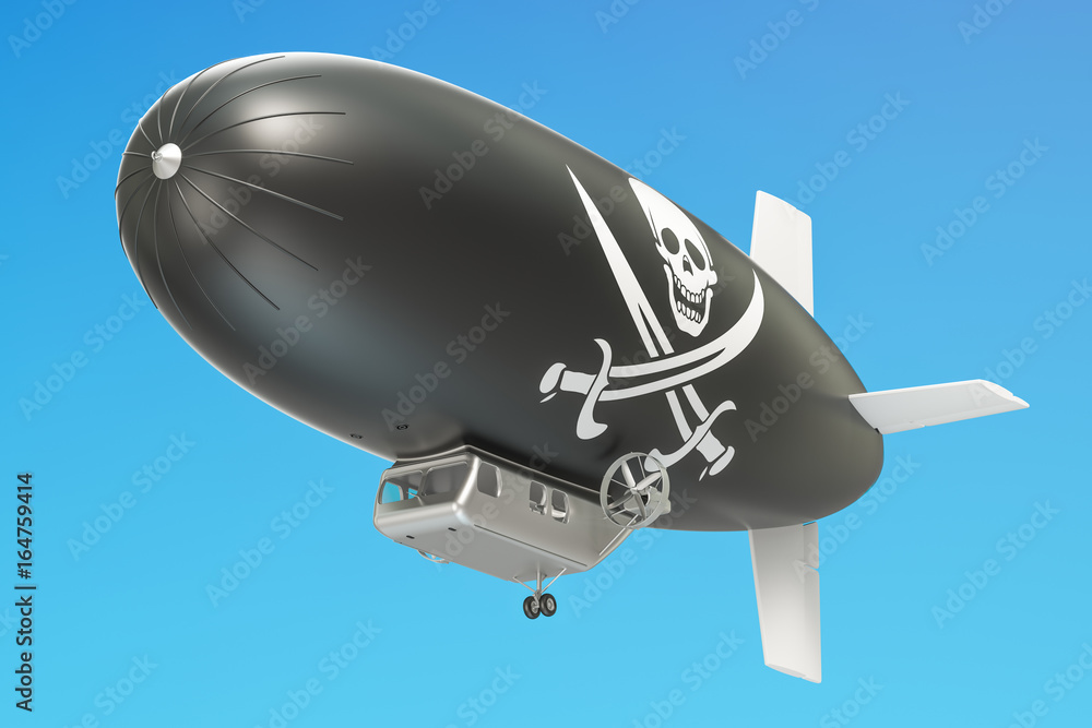 Poster airship or dirigible balloon with piracy flag, 3d rendering