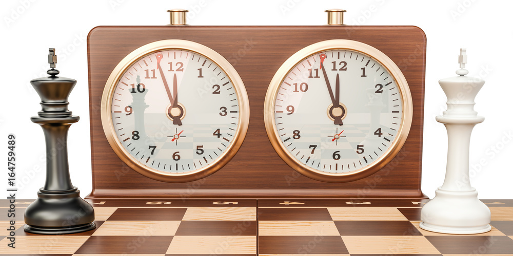 Poster checkerboard with kings and chess clock, confrontation concept. 3d rendering