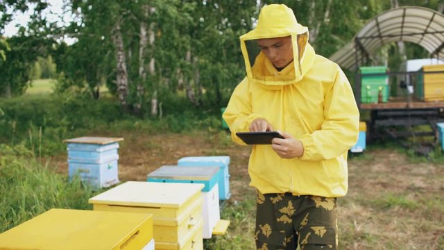 Steadicam shot of Beekeeper man with tablet computer checking beehives in apiary