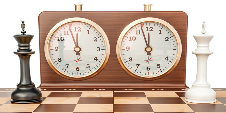 Checkerboard with kings and chess clock, confrontation concept. 3D rendering