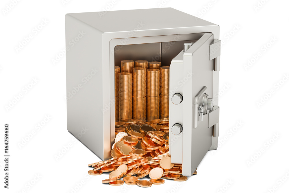 Poster safe box with heap of golden coins, 3d rendering