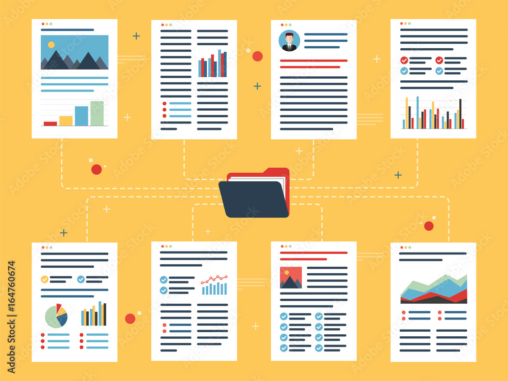 Poster documents with data, charts and folder.