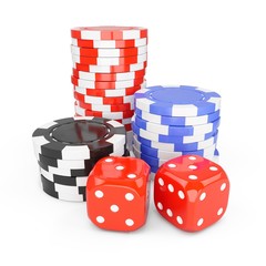 3D Rendering casino chips and two dices on a white background
