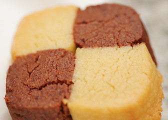 Closeup of Freshly baked cookies, chocolate and vanilla on white background