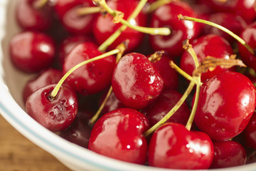 A bowl of sweet, red cherries