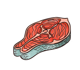 Salomon steak or slice of trout vector icon isolated, hand drawn sketch of piece of sea fish, template for menu, food diet infographics, sticker, flyer, print