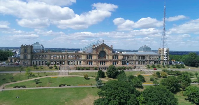 Aerial ascending view of Alexandra Palace in North London