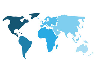 Multicolored world map divided to six continents in different shaders of blue - North America, South America, Africa, Europe, Asia and Australia Oceania. Simplified silhouette blank vector map.