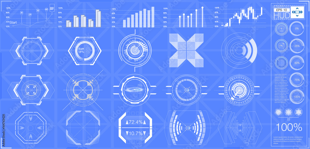 Poster big set hud elements, graphics, displays, analog and digital instruments, radar scales. abstract hud