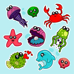 Fototapeta na wymiar Fashion patch badges with shell, crab, sea, water, octopus, star fish and other. Very large set of girlish and boyish stickers, patches in cartoon isolated.Trendy print for backpacks, things,clothes