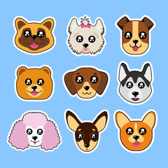 Fashion patch badges with corgi, husky, dog, poodle, boxer, bulldog and other. Very large set of girlish and boyish stickers, patches in cartoon isolated.Trendy print for backpacks, things,clothes