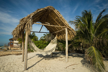 Hammock Under Palapa on Tropical Beach