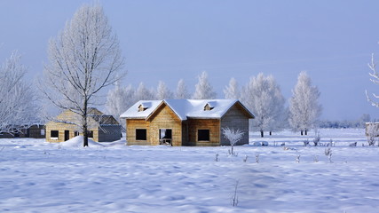 Winter landscape with little wooden hut