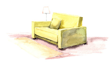 Watercolor yellow sofa with a pillow and a lamp. Hand painted on white background.