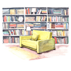 Watercolor illustration. Modern library room with an armchair and a lot of color books