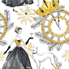 Wall murals Glamour style Watercolor seamless pattern in retro gold style. Beautiful woman with champagne, Greyhound dogs, jewellery clock, diadem, fir branches. Vintage New Year illustration. For holidays design.