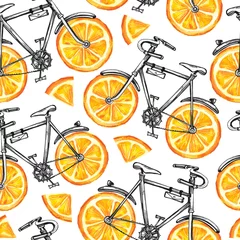 Tapeten Aquarellfrüchte Aquarell nahtlose Muster Fahrräder mit orangefarbenen Rädern. Bunter Sommerhintergrund.
