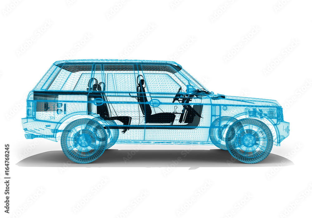 Poster wire frame car / 3d render image representing an luxury car in wire frame