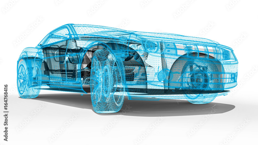 Poster wire frame car / 3d render image representing an luxury car in wire frame