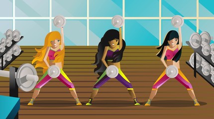 three girls in gym center