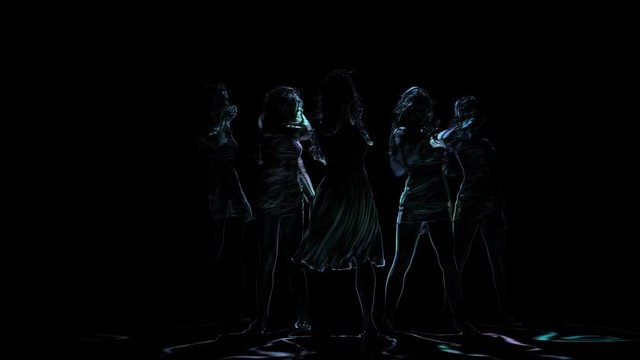 Neon shadows of women dancing on black background. Computer graphics
