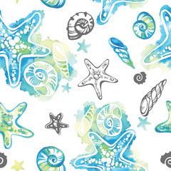 Watercolor background with seashells. Abstract seamless pattern marine design.