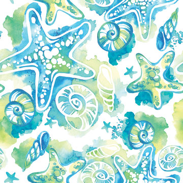 Watercolor background with seashells. Abstract seamless pattern marine design.