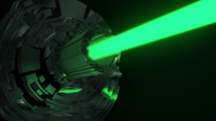 Abstract futuristic background of digital technology with a green laser. 3d illustration