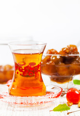 Azerbaijani tea culture Armudu Tea Glass. Selective focus.