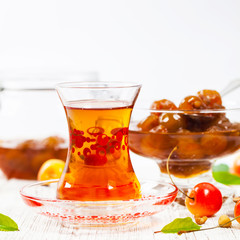 Azerbaijani tea culture Armudu Tea Glass. Selective focus.