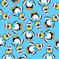 Penguins on turn blue background