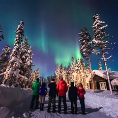 Selbstklebende Fototapeten Skandinavien Beautiful picture of massive multicoloured green vibrant Aurora Borealis, Aurora Polaris, also know as Northern Lights in the night sky over winter Lapland, Norway, Scandinavia    © tsuguliev
