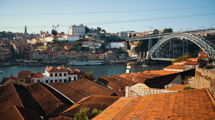 View of old downtown, Douro river and Dom Luis I bridge, Porto, Portugal..