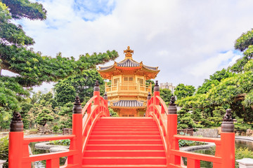Front View The Golden Pavilion Temple in Nan Lian Garden,This is a government public park, situated at Diamond hill, Kowloon, Hong Kong