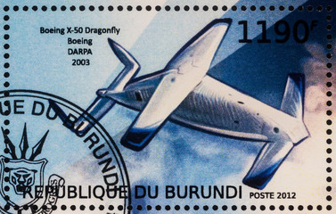 Experimental unmanned aerial vehicle Boeing X-50 Dragonfly (2003) on postage stamp