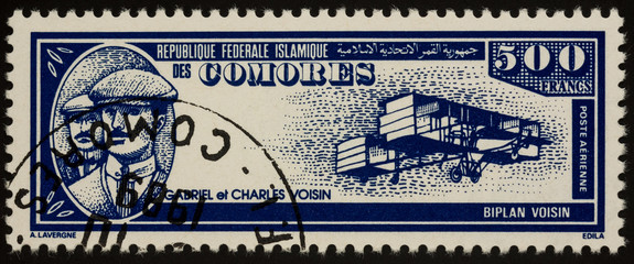 Aviators Gabriel and Charles Voisin and their airplane on postage stamp © Vic