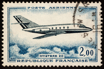 French aircraft Mystere 20 on postage stamp