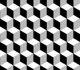 Abstract 3d striped cubes geometric seamless pattern in black and white, vector - 164779663