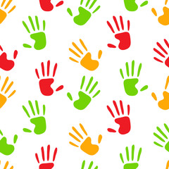 Obraz premium Colorful human hands imprints on white seamless pattern, vector