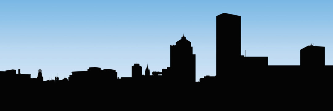 Skyline silhouette vector illustration of the downtown of the city of Rochester, New York, USA.