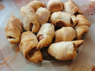 .......Pastry, puff pastry, croissant, buns with sausage, oven, bake, bakery, breakfast, food,