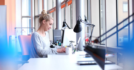 Fototapeta premium businesswoman using a laptop in startup office